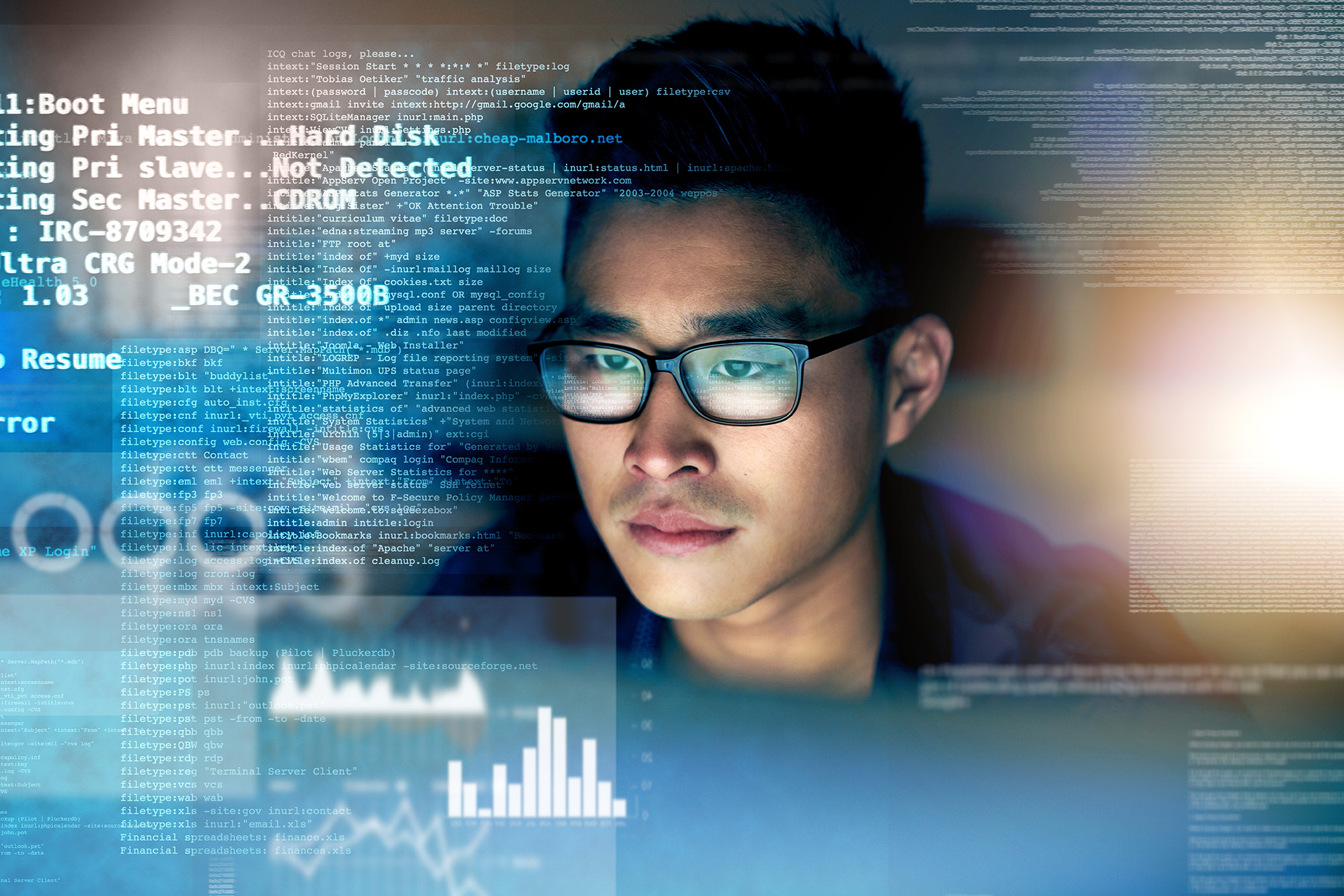 Shot of a young programmer using a computer at night in a modern office